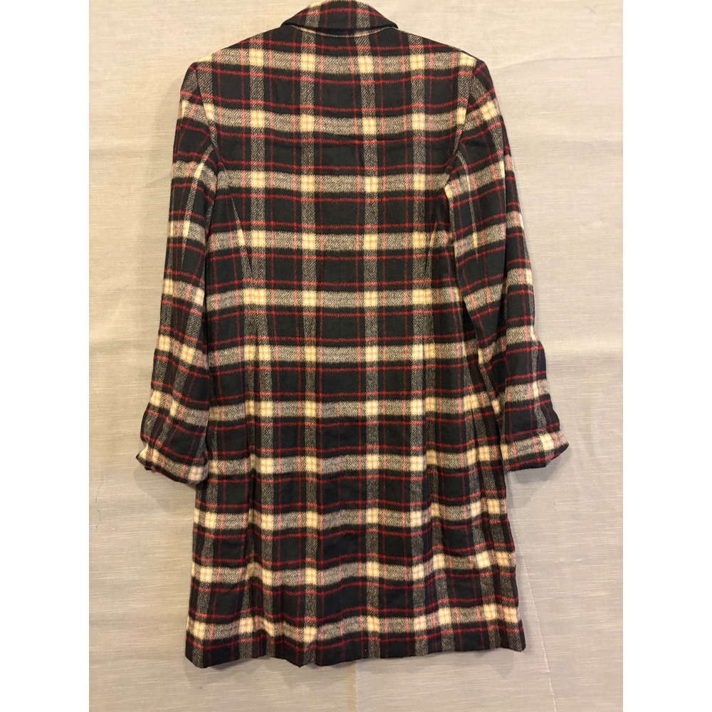 L 217 Jones Wear Plaid Wool Blend Long Coat Black Red Cream Button Front Lined - Picture 4 of 8